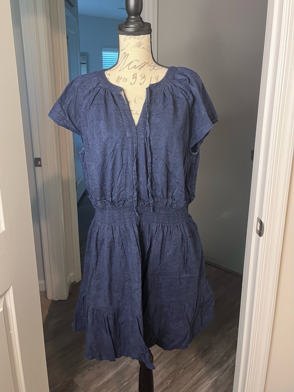 LOFT Navy Blue Short-Sleeve Smocked Waist Mini Dress